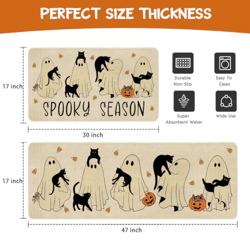 Ghost Black Cat Halloween Kitchen Rugs Set of 2 - Spooky Season Non-Skid Washable Mats
