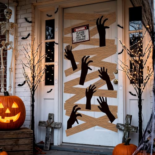 Halloween Haunted Window & Door Decoration Set with Zombie Hands and Warning Sign