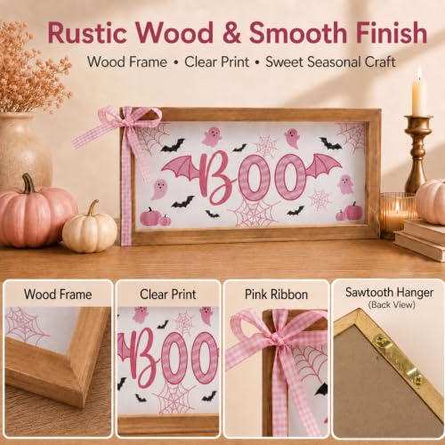 Pink Halloween Wooden Sign - Girly Boo Wall & Table Decor with Pumpkin & Ghost
