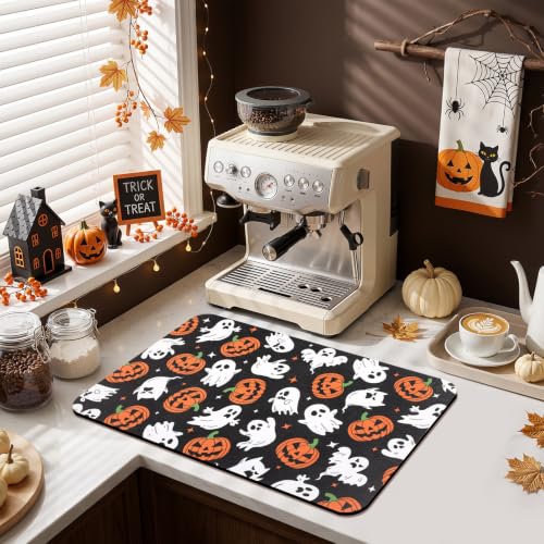 Halloween Ghost Dish Drying Mat - 12x20 Inch Absorbent Coffee Mat with Jack-o'-Lanterns & Ghosts