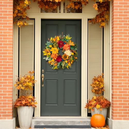 Pinkpuii 24 Inch Fall Harvest Wreath for Front Door - Red Peony Variation