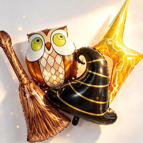 Magical Wizard Balloons Set for Birthday & Party Decorations - Wizard, Owl, Lightning & Broom Foil Balloons