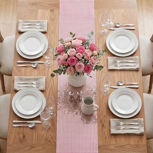 Pink Glitter Disco Sequin Table Runner 12x72 Inch - Retro Party Decor
