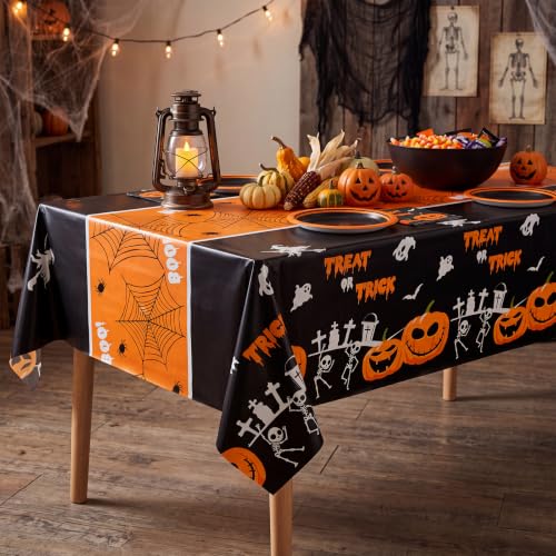 Halloween Tablecloth Set with Pumpkin Ghost Pattern - 6 Pack, 54x108 Inches & Square Pumpkin Table Runner