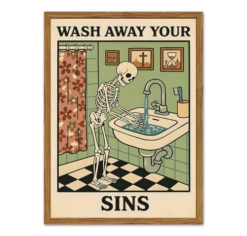 Halloween Gothic Skeleton Wall Art - Framed Moody Bathroom Decor 16x24 Inches