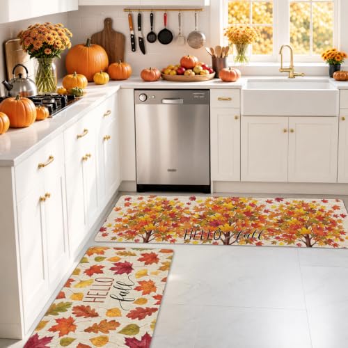 Hello Fall Kitchen Mats Set of 2 - Autumn Maple Leaf Tree Rugs, Var: Autumn Maple