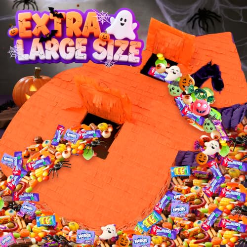 Funny Pumpkin Halloween Piñata with Witch Hat - Large 20 Inch Party Game Set
