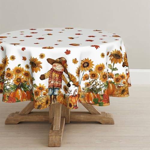 Horaldaily Fall Round Tablecloth 90 Inch White Scarecrow Pumpkin Sunflower