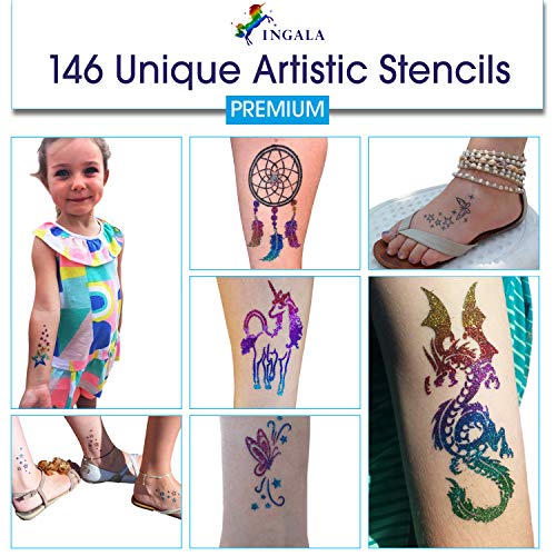 Glitter Tattoo Set with 146 Designs for Kids & Adults - Face, Henna & Airbrush Art