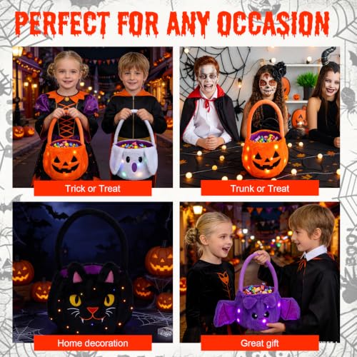 Black Halloween Light Up Trick or Treat Basket - LED Glowing Plush Cat Candy Bucket