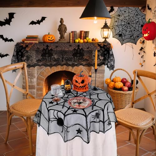 Halloween Black Lace Tablecloth 40 Inch Round Spider Web Overlay - LuoluoHouse