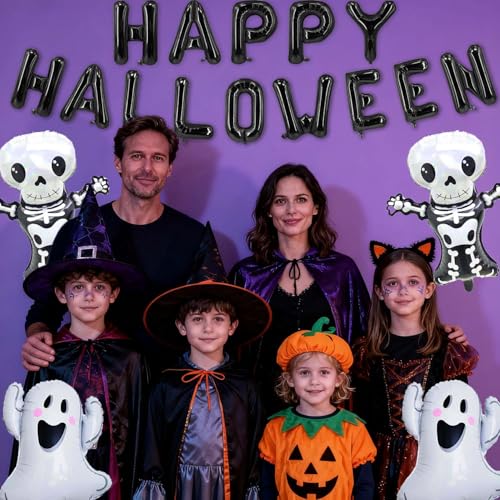 Halloween Balloons Black Happy Halloween Foil Letter Skeleton Ghost Party Decorations - Black