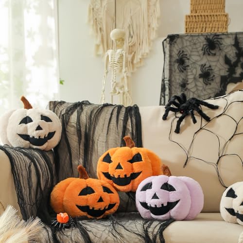 Halloween Pumpkin Shaped Throw Pillow - Off White Large 6x12 Inches Faux Fur Accent