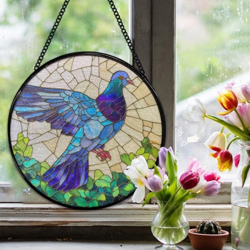 Stained Glass Bird Sun Catcher - Pigeon Window Hanging Decor, 7.9 Inch, Color14