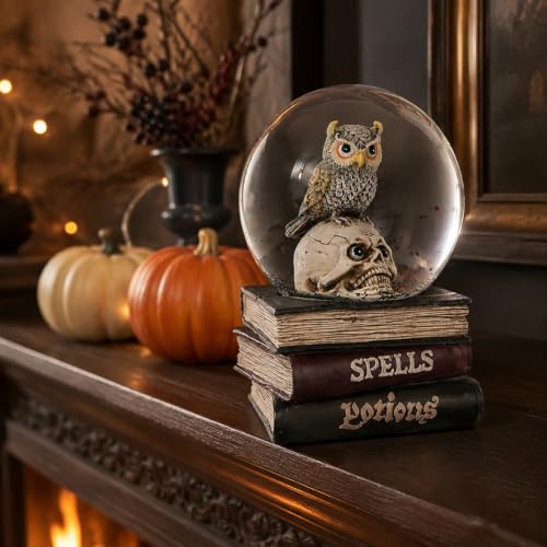 Halloween Snow Globe Owl Skull Decor - Gothic Resin Water Globe on Spell Book Base