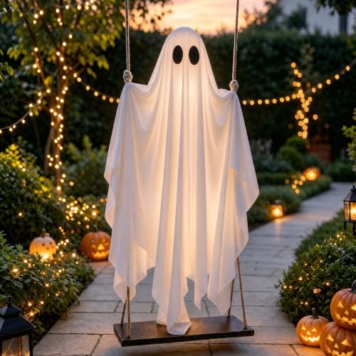 Large Hanging Ghost Halloween Decoration with LED Lights, Adjustable 7-12 FT