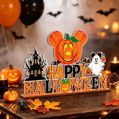 Halloween Wood Table Centerpiece Decorations - Spooky Pumpkin, Ghost & Castle