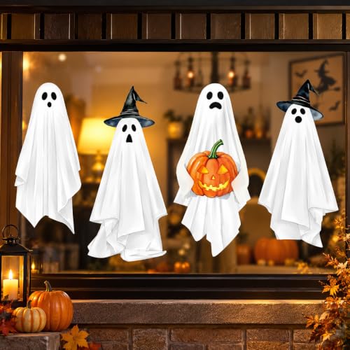 Halloween Ghost Window Clings - Extra Large 35.4 x 13.8 Inch Decals - Pack of 4 - Ghost, Witch Hat & Pumpkin Design - Reusable PVC for Home & Party Decor - Variation: Halloween