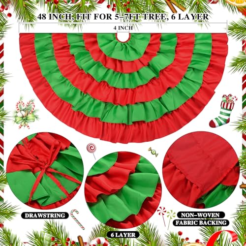 48 Inch Red and Green Ruffle Tree Skirt - Large Fluffy 6-Layer Christmas Decor