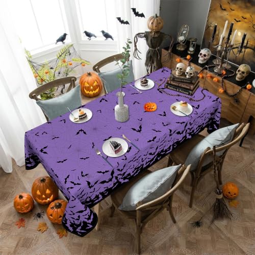 Halloween Rectangle Tablecloth 60 x 84 Inches with Spiderweb and Bat Design - Purple