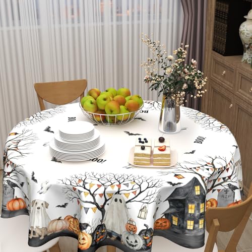 Halloween Round Tablecloth 60 Inch - White Ghost Design, Orange Black Variations