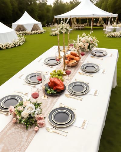 Black Plastic Dinner Plates with Gold Rim Set - 200PCS, Elegant Partyware, Reusable & Disposable