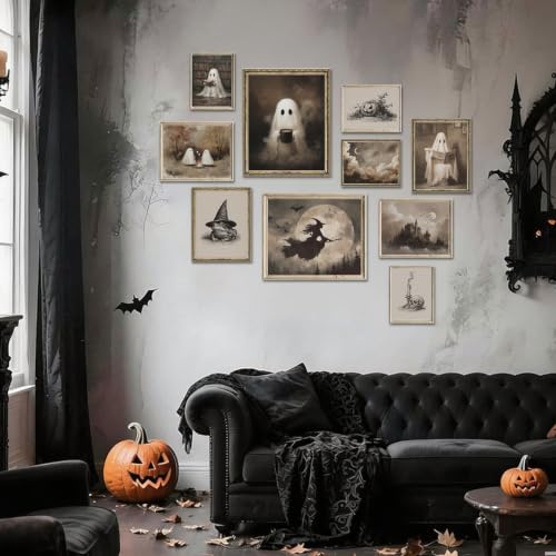 Ghost Halloween Wall Art Set - Cute Ghost Variation, Gothic Moody Decor, Unframed, 10 Pieces