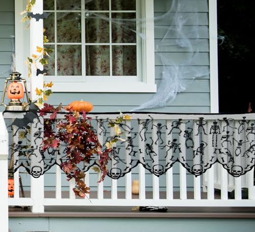 Halloween Skeleton Mantle Scarf - Black Lace Fireplace Cover with Embroidered Skull - 79 x 20 Inch - Skeleton Variation