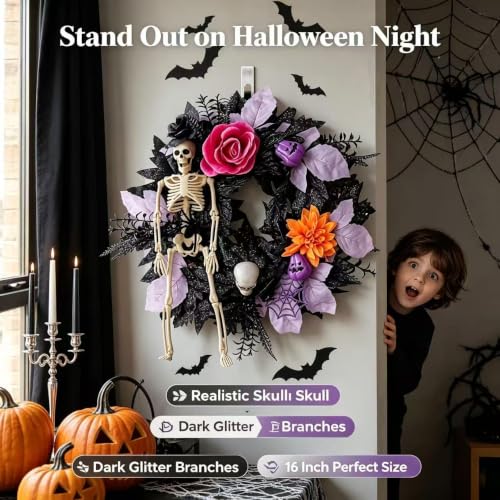 Halloween Skeleton Wreath for Front Door - 18-Inch Haunted House Decor - Variation A