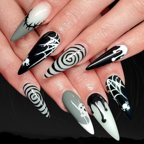 Halloween Press On Nails Long Stiletto Fake Nails with Designs - Spider Web & Ghost Style D24