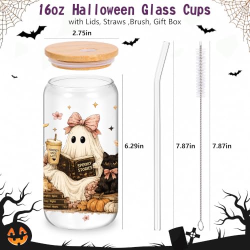 Halloween Glass Cup with Lid & Straw - Boo Basket Gift for Book Lovers - 16oz