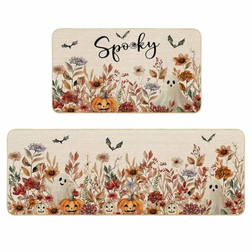 Halloween Kitchen Mat Set Spooky Ghost Pumpkin Non-Slip Rugs for Fall Decor