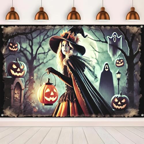 Halloween Banner Witch Ghost Lantern Backdrop 71x43 Inch - Variation #005