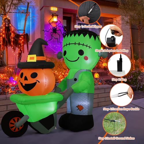 6.1FT Halloween Inflatable Frankenstein with Pumpkin Cart Outdoor Decor - Waterproof, LED Lights
