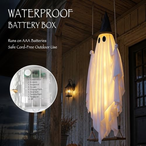 Large Outdoor Hanging Swing Ghost Halloween Decor - 5.3FT Light-Up Ghost