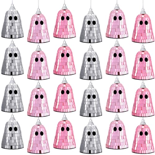 Pink 24 Pcs Disco Ghost Halloween Decorations Mirror Ornaments for Party & Holiday