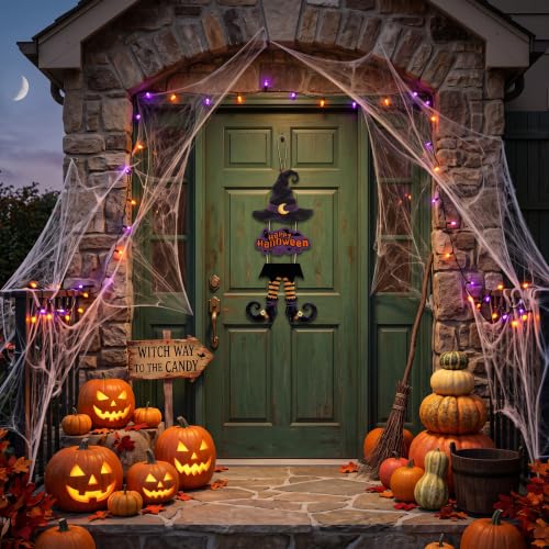 Halloween Door Sign Wreath Decorations - Witch Legs & Happy Greetings Set