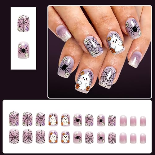 Halloween Fake Nails Short Square Press-On Nails - Light Purple, 24pcs - Variation Halloween-Designs1