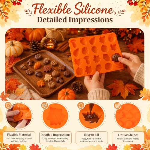 Autumn Silicone Molds - Maple Leaf, Pumpkin, Acorn & Mushroom Shapes for Halloween & Thanksgiving Baking