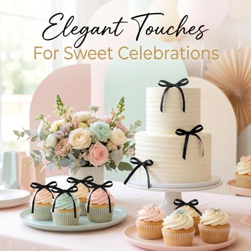 Black Bow Cake Toppers - 30 Pack Elegant Ribbon Decorations for Cakes & Cupcakes - Variation: Black