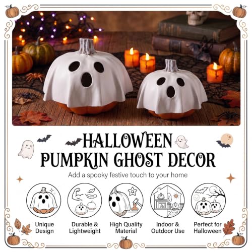 Halloween Ghost Pumpkin Decor Set - 7" & 6" Resin Figurines, Spooky Holiday Centerpieces