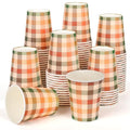 Fall Plaid Paper Cups 9oz - Thanksgiving Orange Green Checkered Party Cups - 100 Pack