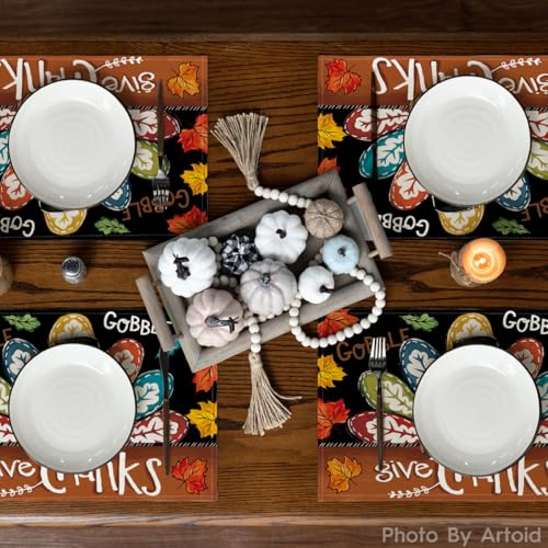 Black Turkey Give Thanks Thanksgiving Placemats Set of 4 - 12x18 Inch Seasonal Table Mats