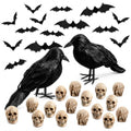 Halloween Decorations Set with Black Crows, Mini Skulls & Bats - 162 Pieces