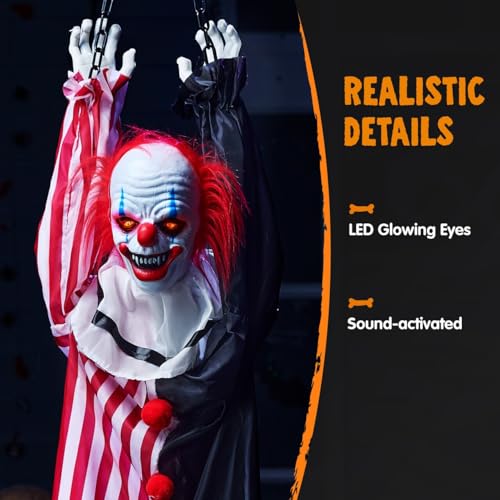 Modern Halloween Hanging Clown Decor with Chain & LED Lights - 65 Inches