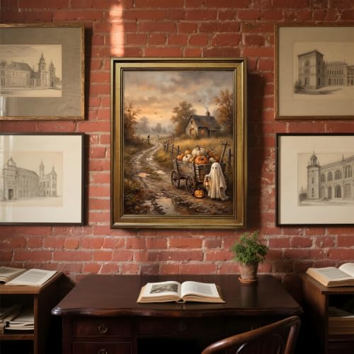 Vintage Halloween Wall Art Canvas Print with Gold Frame - Ghost Pumpkin Scene, 12x16 Inch - Style 1