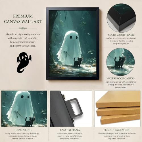 A-Little Devil Walking The Cat Framed Halloween Wall Art - 16x24 Inch
