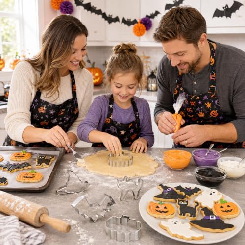 Halloween Cookie Cutters Set - Stainless Steel Bat Witch Hat Pumpkin Ghost Cat with Variation - Silver Halloween Baking Molds