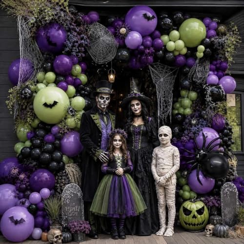 Halloween Balloon Arch Garland Kit Double Stuffed Green, Purple & Black Balloons - Spooky Party Decor