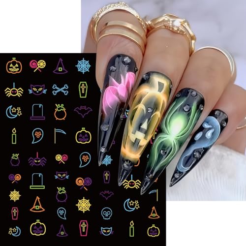 Glow in Dark Halloween Nail Stickers - Ghost Skull Pumpkin Bat 3D Luminous Decals (Luminous Ghost)
